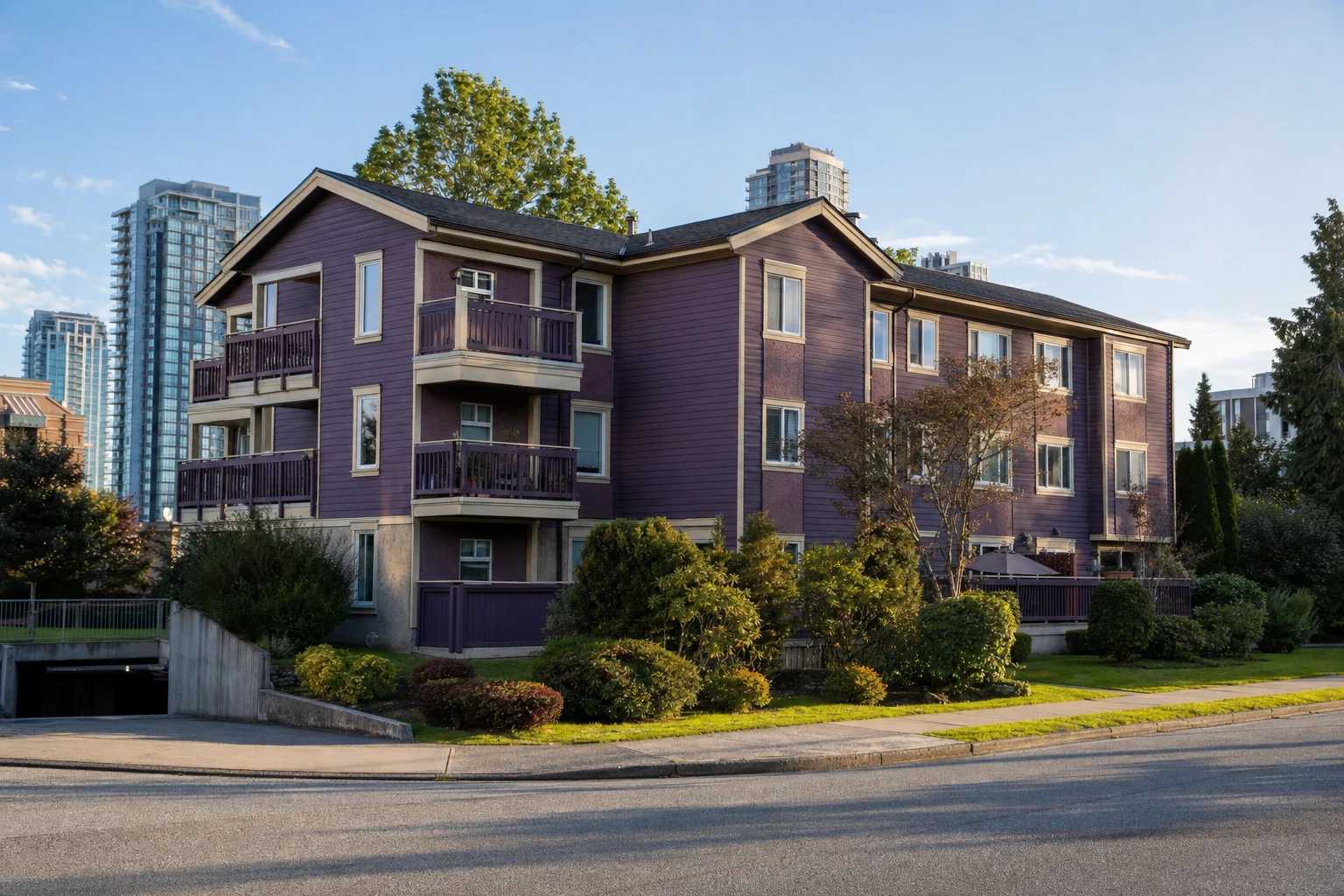 Original architectural promotional interpretation of the purple three-storey strata building at 4930 Bennett Street