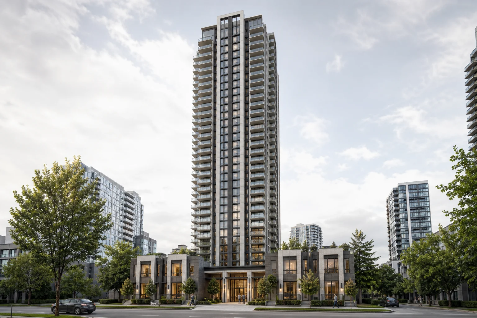 original architectural promotional interpretation of the approved 41-storey 6444 Silver Avenue tower and townhouse frontage