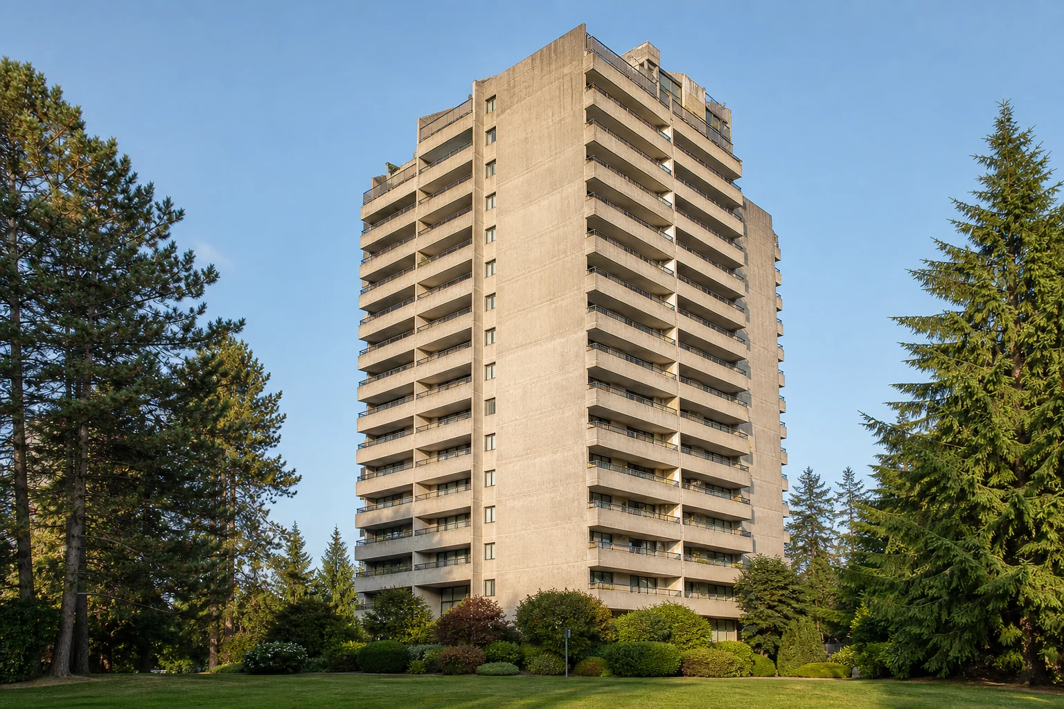 Promotional park-side architectural view of Huntley Manor in Burnaby