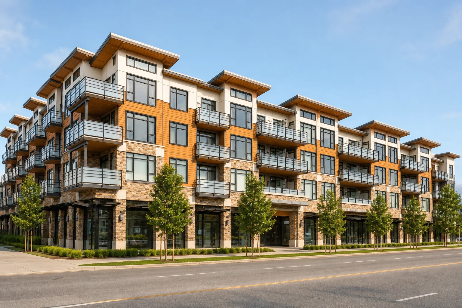 architectural promotional rendering of Kabana at 6888 Royal Oak Avenue showing its four-storey stone, cedar-tone and cream street facade