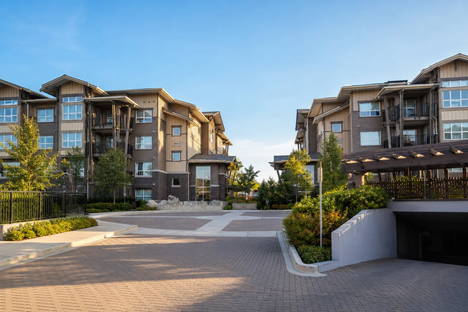 architectural promotional rendering of MacPherson Walk East's paired four-storey buildings and broad brick-paver arrival court