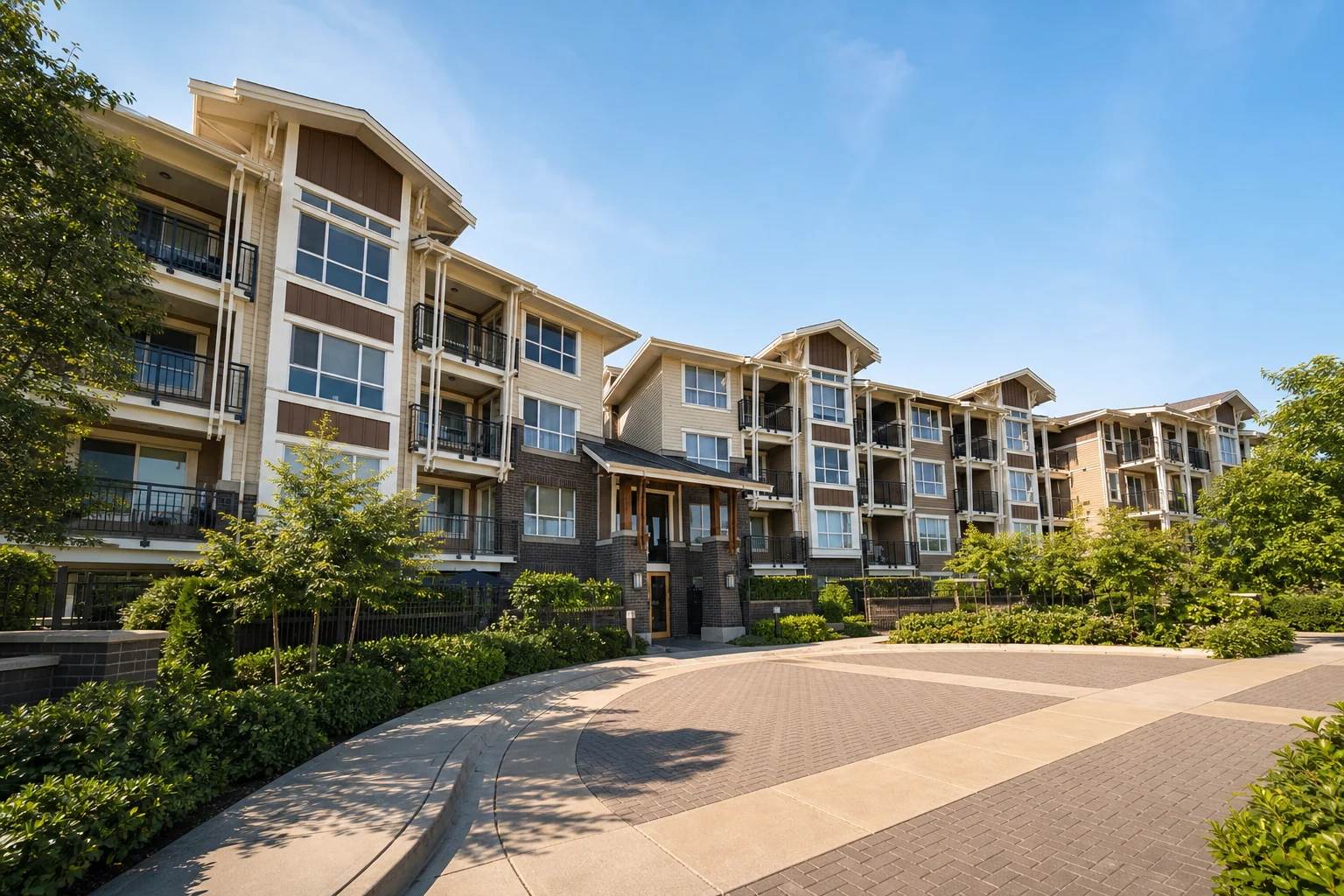 architectural promotional rendering of MacPherson Walk North's U-shaped four-storey facade and circular brick-paver arrival court