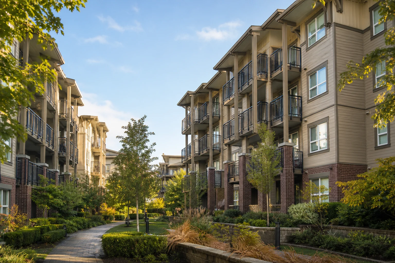architectural promotional rendering of MacPherson Walk's four-storey West Coast condominium buildings around a landscaped internal path