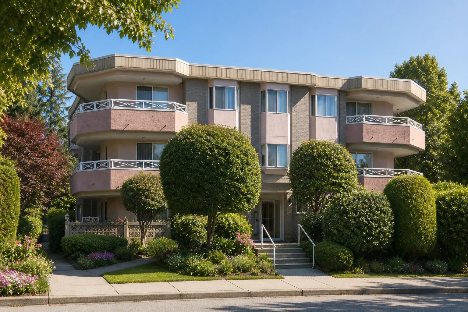 architectural promotional rendering of McKay Manor's three-storey pink and grey facade behind mature landscaping