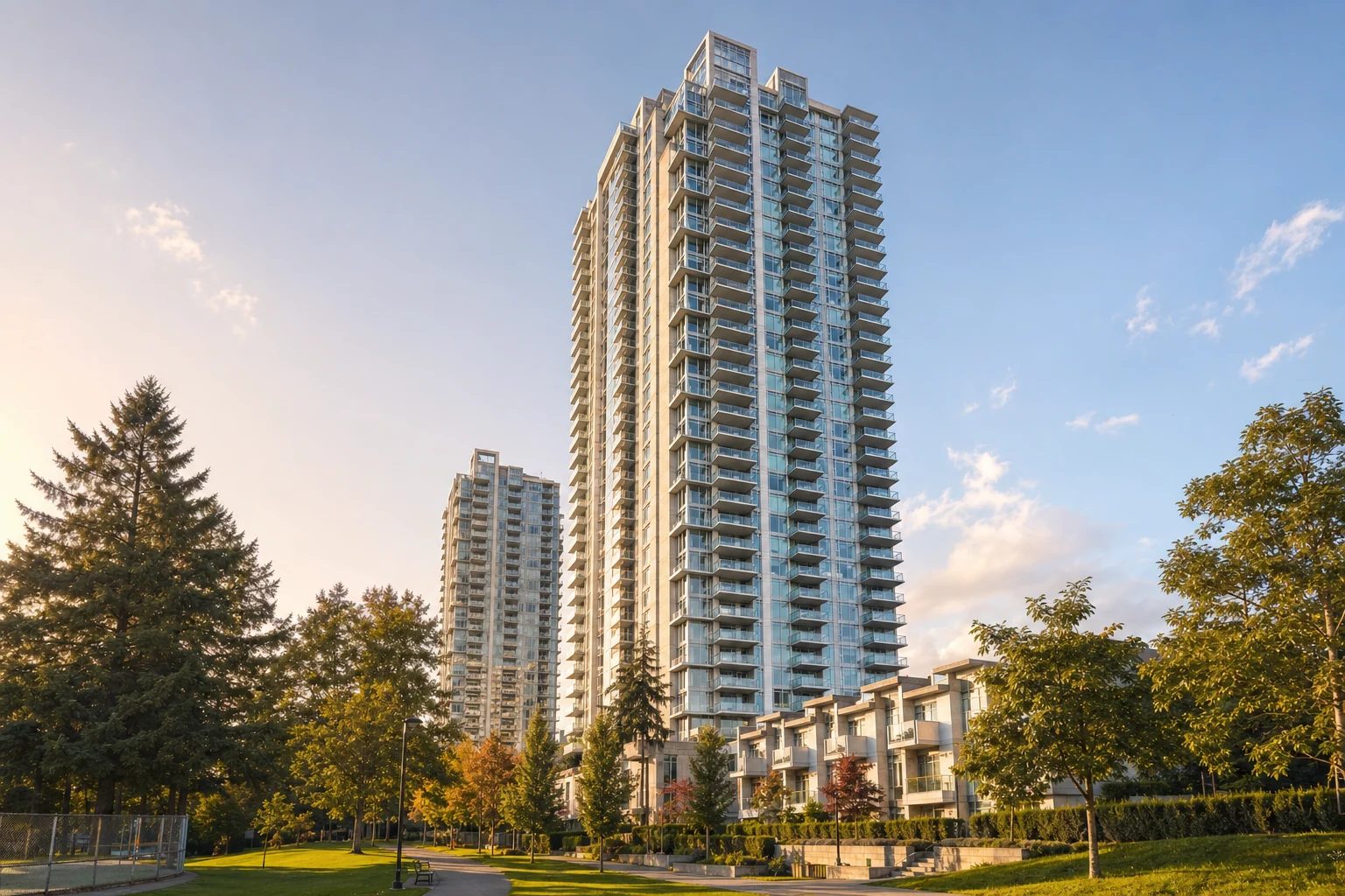 architectural promotional rendering of the pale concrete and glass MET 2 tower rising above Lobley Park and its townhouse base