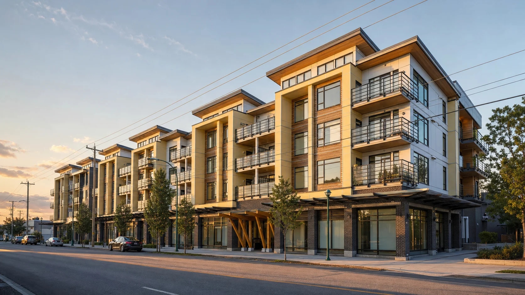 architectural promotional rendering of Metro 1's yellow, white and wood-accented Grimmer Street frontage