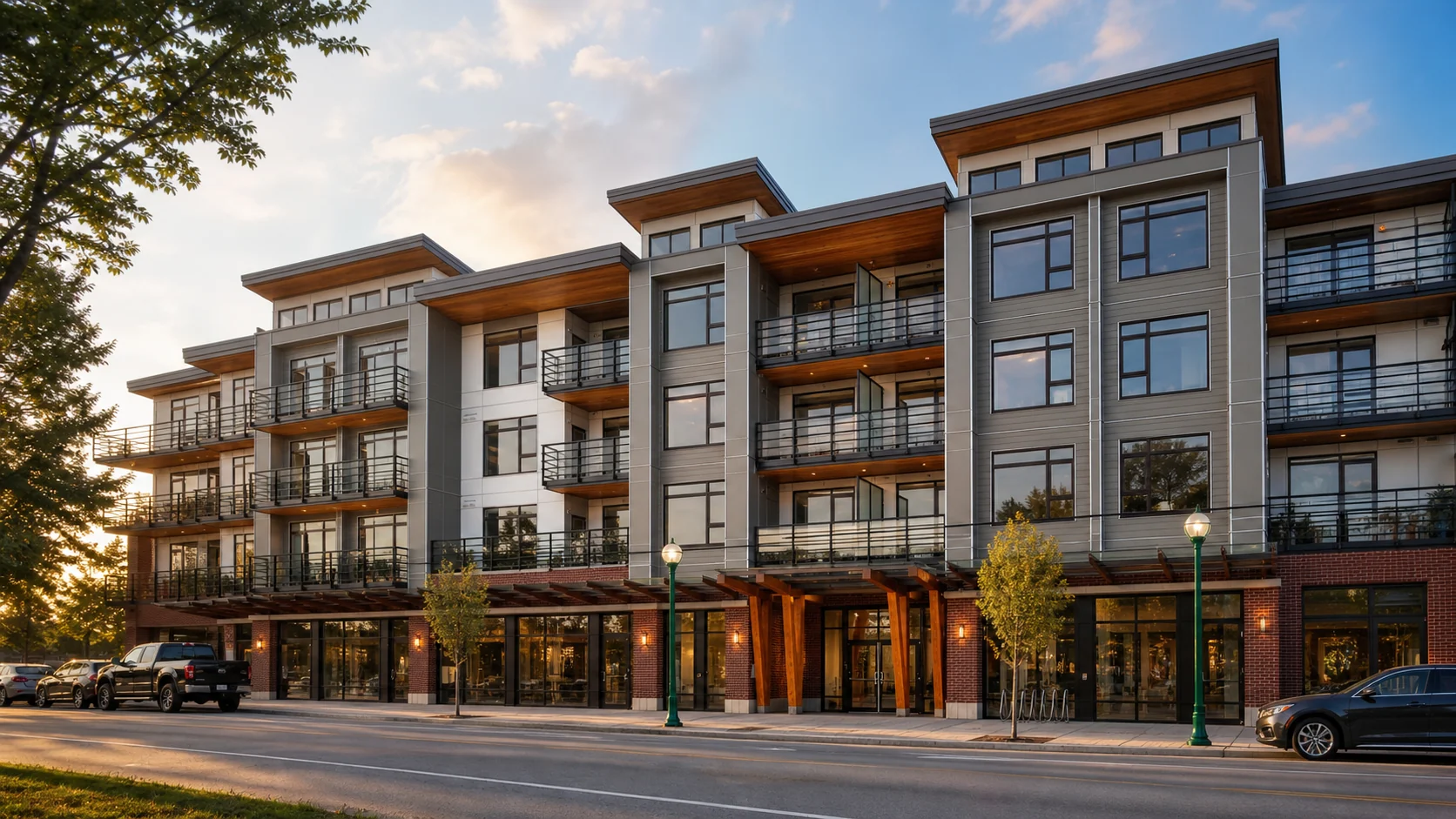 architectural promotional rendering of Metro 2's grey-and-white facade and red-brick commercial base at 5288 Grimmer Street