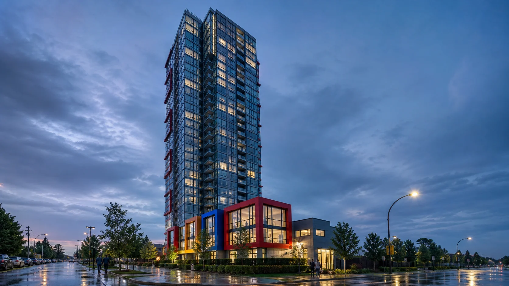 architectural blue-hour promotional rendering of Moda at 6658 Dow Avenue