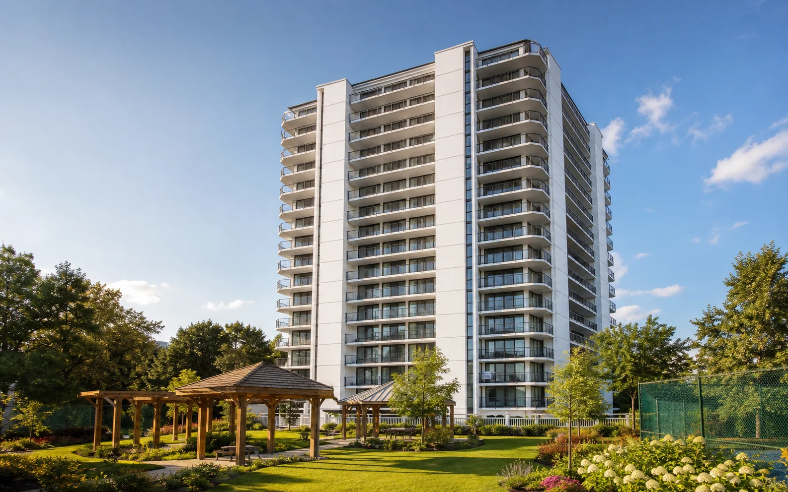 architectural promotional rendering of Parkside Manor and its landscaped garden