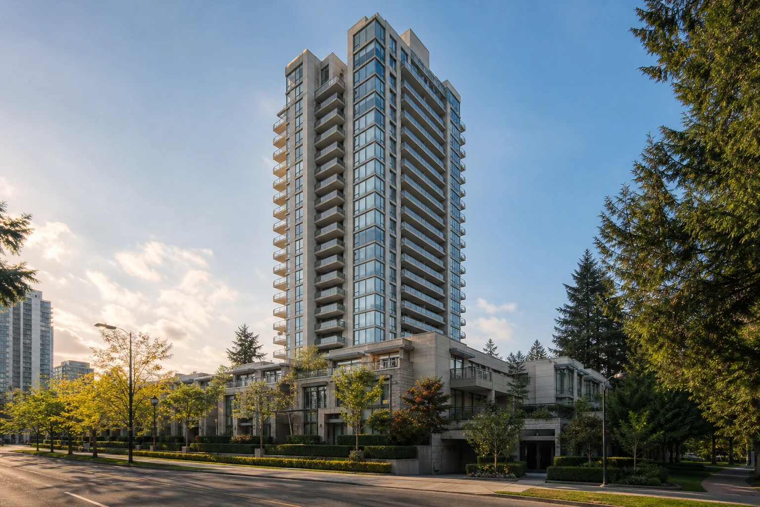 original architectural promotional interpretation of Presidia's 32-storey concrete tower and townhome base