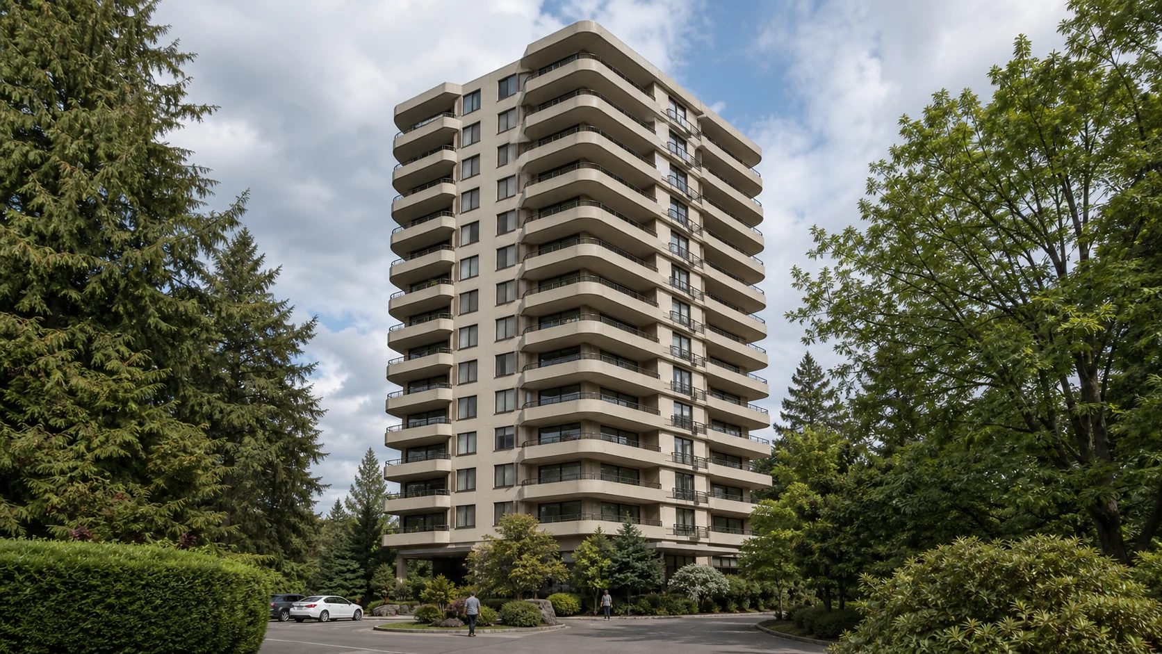 original architectural daylight rendering of The Empress tower at 6282 Kathleen Avenue
