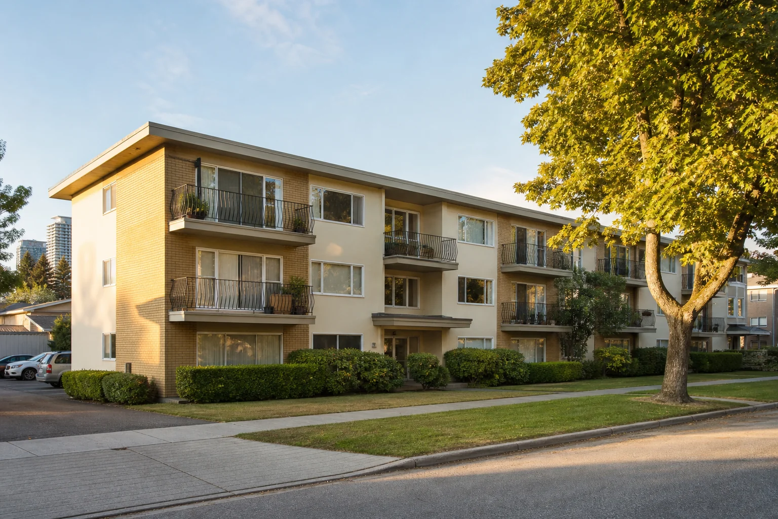 original architectural rendering of The Oakmore as a three-storey 1964 Royal Oak Avenue apartment building