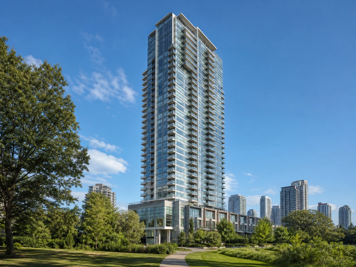 original architectural daylight rendering of The Park Metrotown beside Bonsor Park